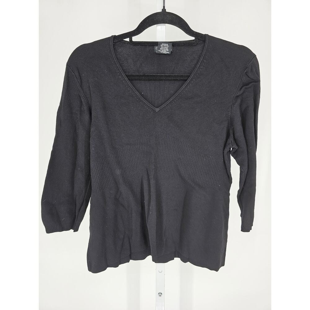 George Womens Sz XL 3/4 Sleeve V Neck T Shirt Black Ribbed